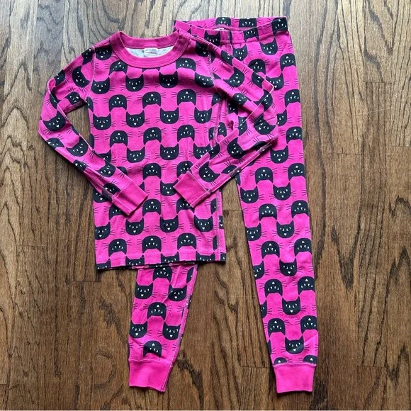 Hanna Andersson Pink and Black Cat Print Long John Pajamas - Picture 1 of 2